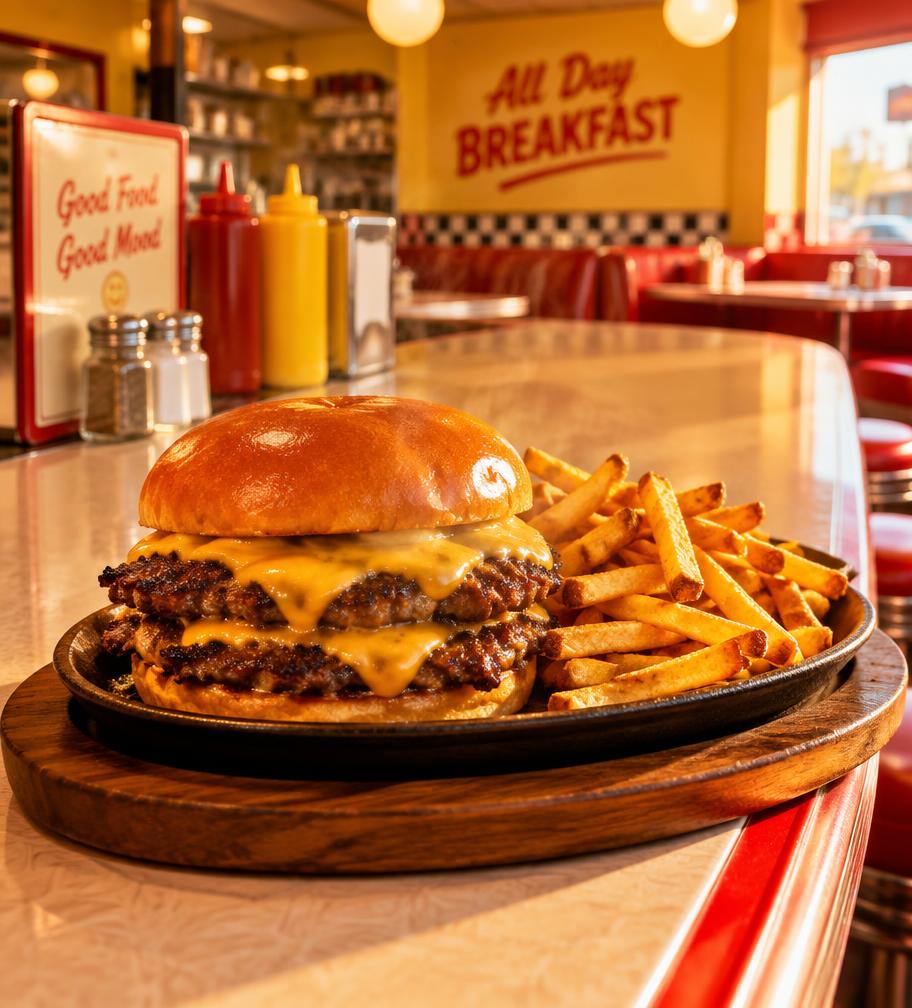 Smash burger and fries at Hill to Hill Grille